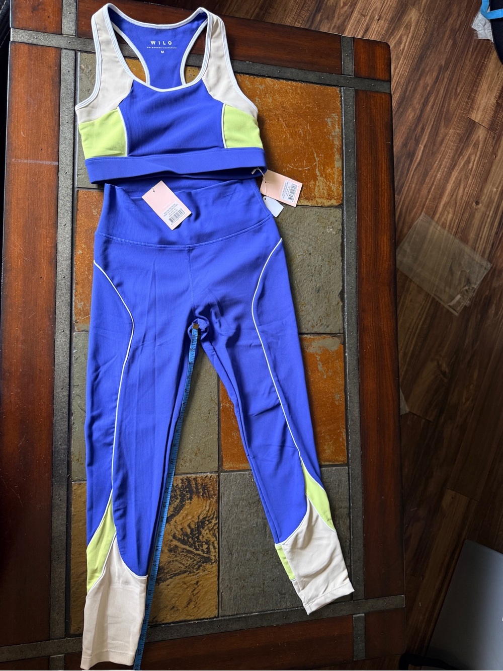 Wilo rib  2 pack racer panel colbalt blue lime bra leggings workout gym BNWT M
